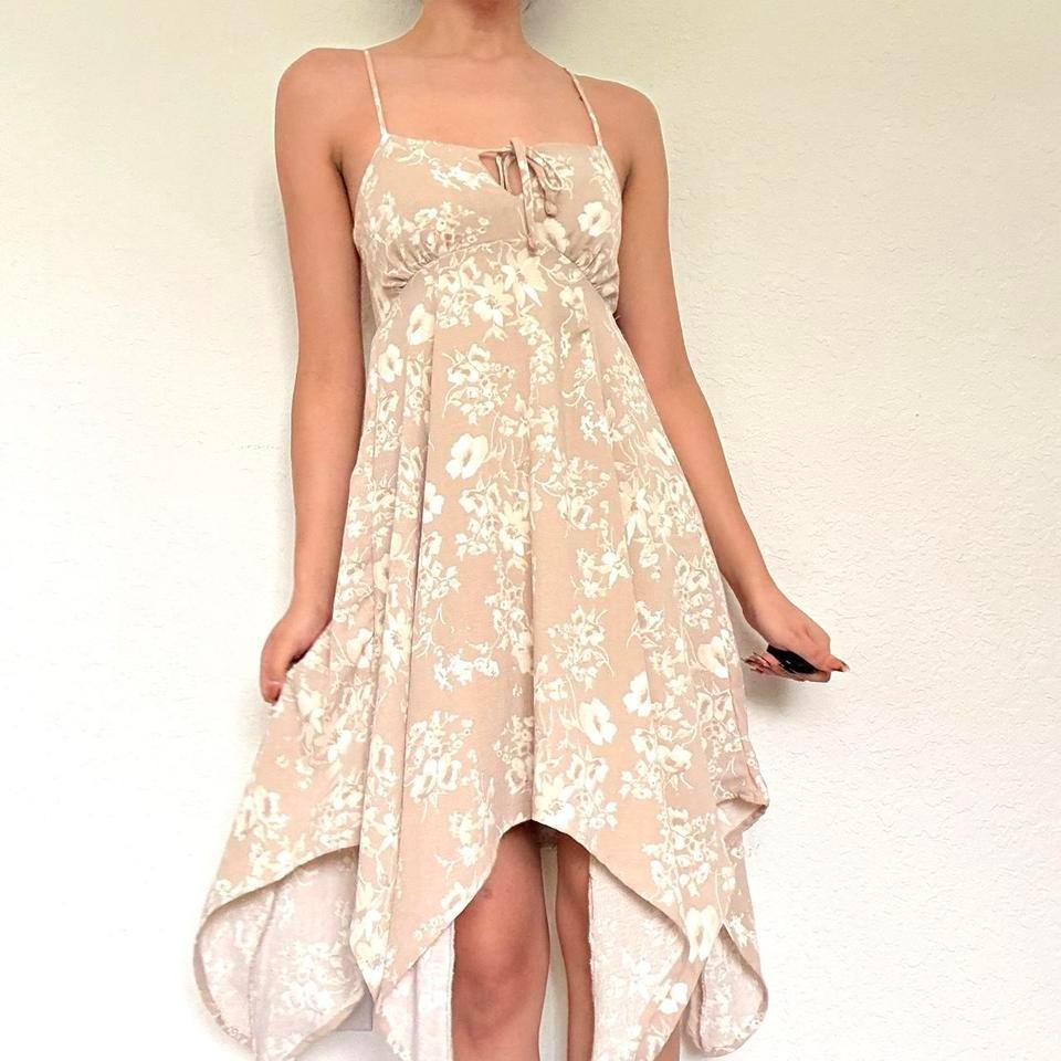 Cream And White Floral Print Asymmetrical Dress